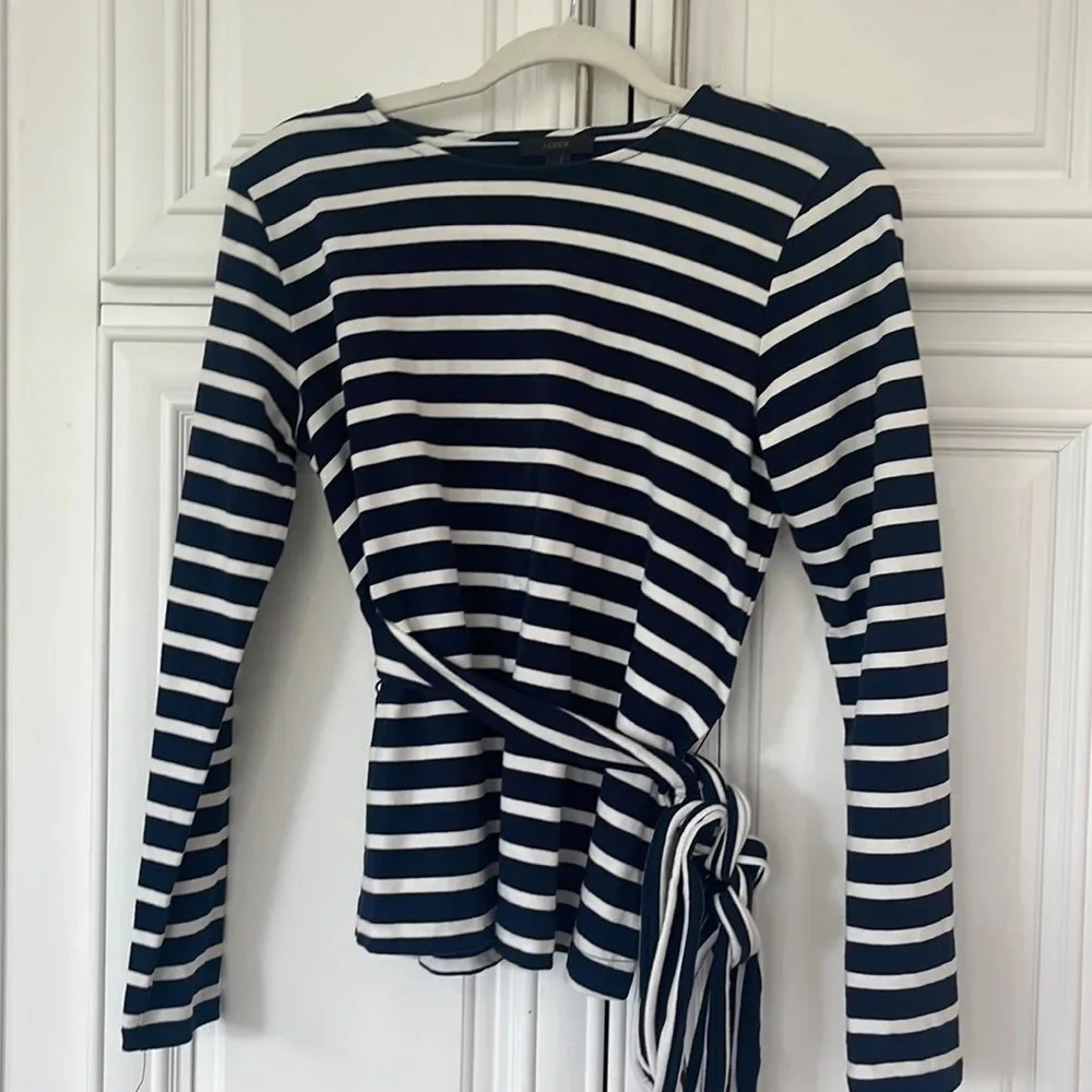 J.Crew Striped belted crossback top navy white OPEN Back cotton size small - Picture 1 of 12